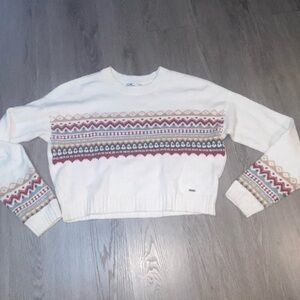 Hollister Cream Crewneck Sweater with Red & Pink Fair Isle